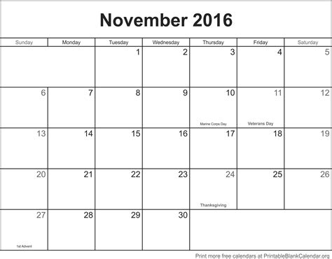 Printable Monthly Calendar Nov 2016